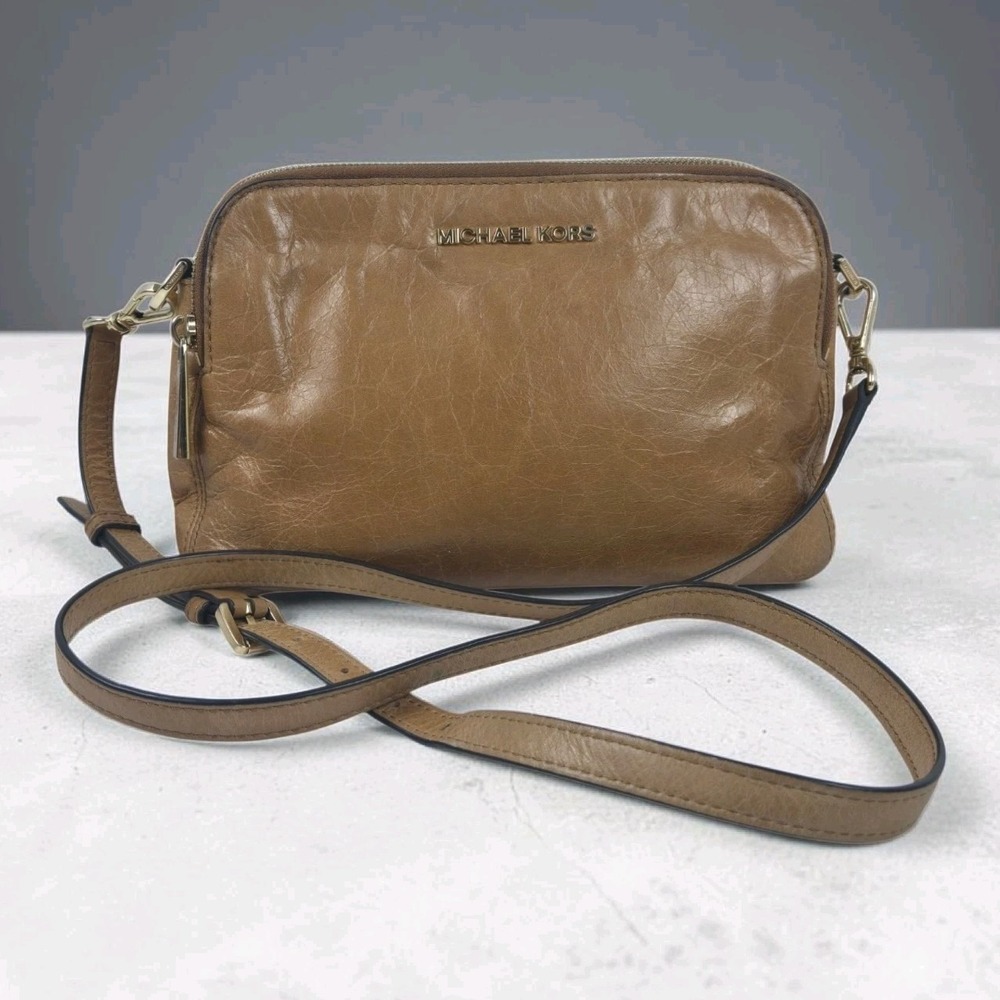 Michael Kors Camel Brown Leather Crossbody Bag Gold Tone Hardware 3 Sections